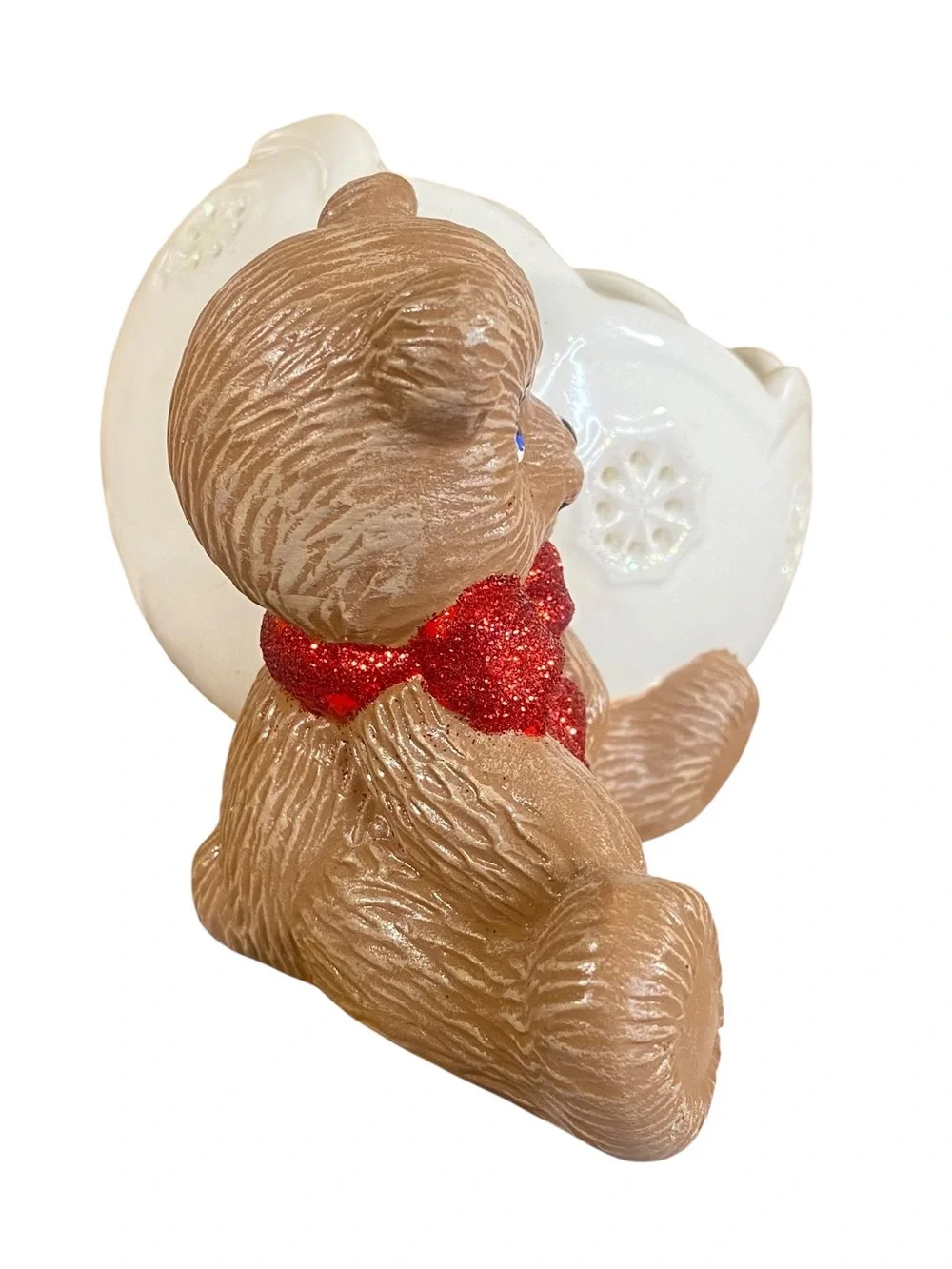 Ceramic Brown Christmas Bear Planter Candle Holder White Snowflake Bowl Vtg